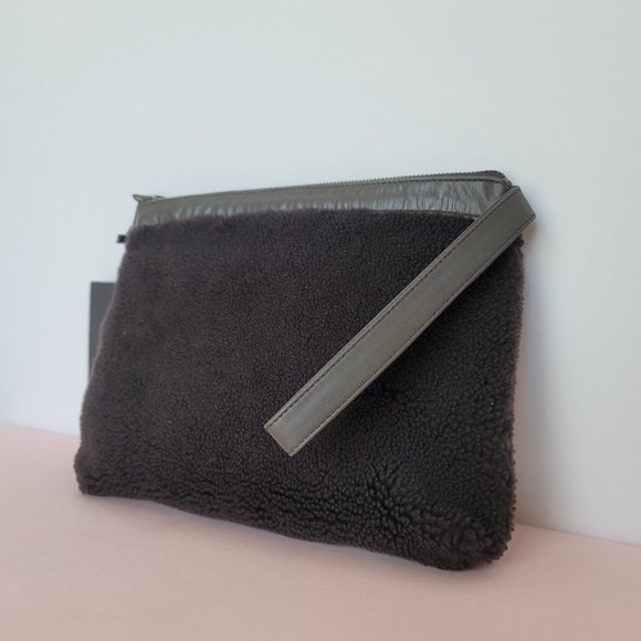 VIAVENETO Delilah Curly Lambskin Shearling Large Pouch/Wristlet- Chocolate Brown - Picture 4 of 16